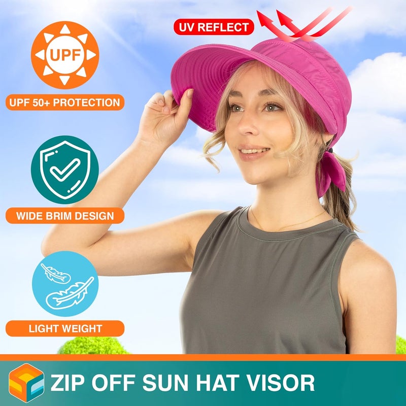 Suncube Women Sun Hat for Outdoor UV Protection, Wide Brim Sun Hat Ponytail, Convertible Zip-Off Beach Hat Visor - Image 3